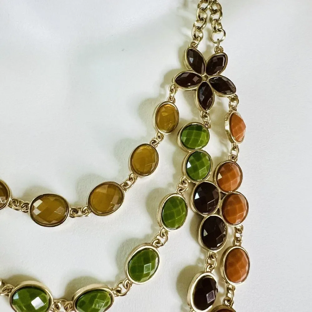 Beautiful Layered Multi Strand Necklace Earth Tone Faceted Beads Flower  4328